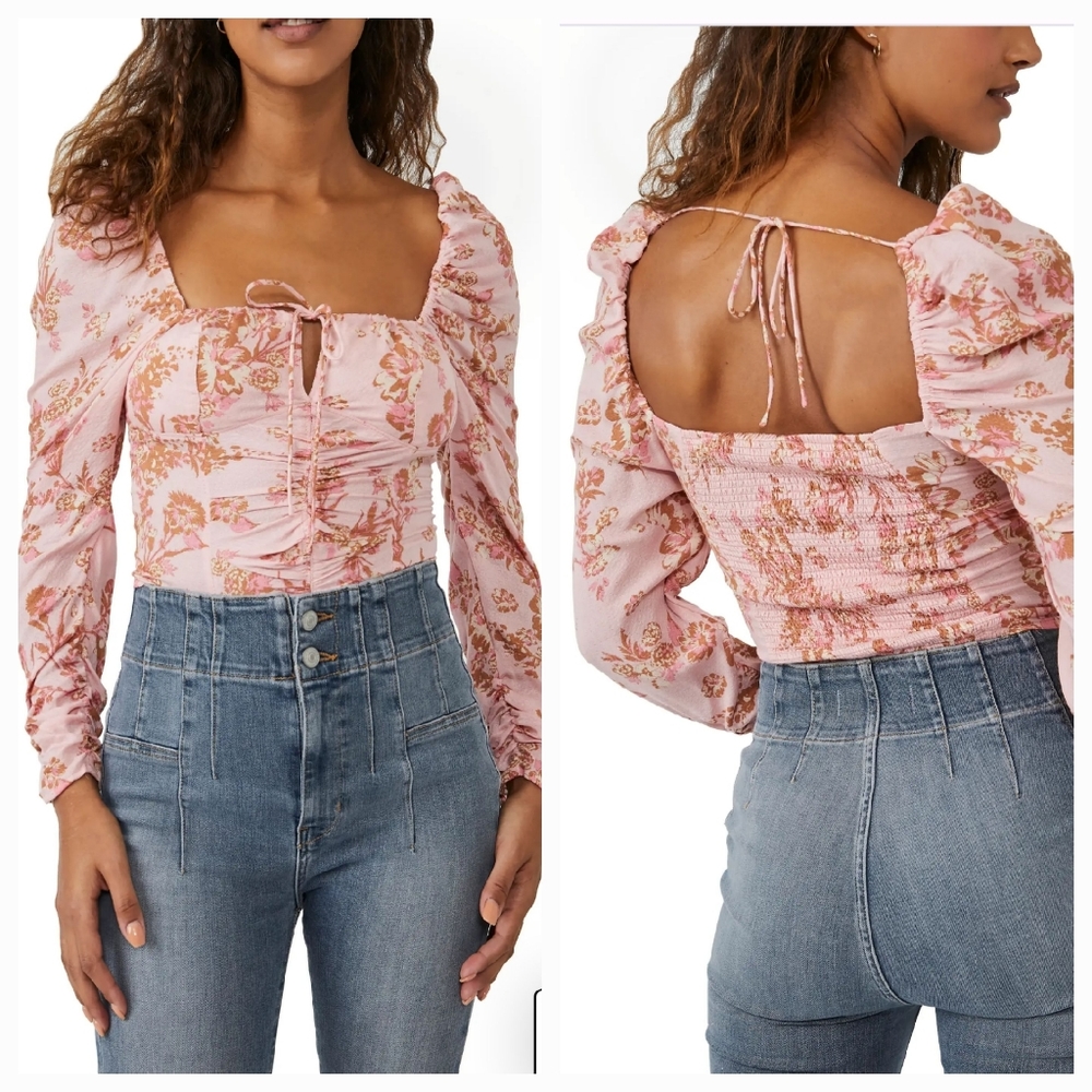 NWT Free People Hilary Printed Top Pink Combo